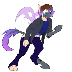 Size: 2508x2480 | Tagged: safe, artist:settop, derpibooru import, oc, oc only, oc:viciz, changeling, human, changeling oc, clothes, glasses, high res, human to changeling, male, purple changeling, simple background, solo, transformation, white background