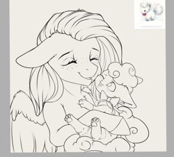 Size: 1008x910 | Tagged: safe, artist:miokomata, derpibooru import, fluttershy, pegasus, pony, g4, alolan form, alolan vulpix, cheek squish, cute, ears, female, floppy ears, freckles, freckleshy, gray background, hug, mare, open mouth, open smile, paw pads, paws, pokémon, shyabetes, simple background, smiling, squishy cheeks, underpaw, vulpix