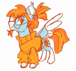 Size: 1362x1264 | Tagged: oc name needed, safe, artist:janegumball, derpibooru import, part of a set, oc, oc only, pegasus, pony, beard, blaze (coat marking), blue coat, clothes, coat markings, colored muzzle, colored pinnae, colored sketch, colored wings, colored wingtips, doodle, ear tufts, facial hair, facial markings, glasses, leg markings, light blue coat, looking back, male, male oc, no catchlights, no pupils, oc redesign, orange mane, orange tail, pale muzzle, pegasus oc, ponytail, ponyville ciderfest, ponyville ciderfest 2024, profile, requested art, round glasses, simple background, sketch, smiling, socks (coat marking), solo, spread wings, stallion, stallion oc, standing, straight tail, sweater, tail, tied mane, turtleneck, turtleneck sweater, two toned mane, two toned tail, two toned wings, white background, white wingtips, wings