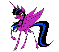 Size: 1424x1261 | Tagged: safe, alternate version, artist:janegumball, derpibooru import, part of a set, twilight sparkle, twilight sparkle (alicorn), alicorn, pony, g4, alternate design, alternate mane color, alternate tail color, bangs, big eyes, black and blue mane, black and blue tail, bowtie, colored sclera, colored sketch, doodle, eyelashes, female, horn, leg stripes, long horn, long legs, long tail, looking back, mare, no catchlights, ponyville ciderfest, ponyville ciderfest 2024, profile, purple coat, raised hoof, raised leg, red sclera, requested art, sharp teeth, simple background, sketch, slender, smiling, spread wings, standing on three hooves, straight mane, straight tail, stripes, tail, tall, teeth, thin, thin legs, two toned mane, two toned tail, white background, wings