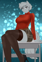 Size: 1900x2800 | Tagged: safe, artist:jerraldina, derpibooru import, anthro, pony, clothes, commission, desk, female, miniskirt, skirt, stockings, sweater, thigh highs, your character here