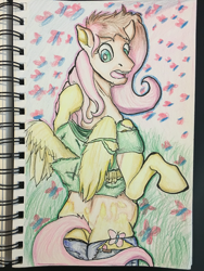 Size: 960x1280 | Tagged: safe, artist:jerryclaymouse, derpibooru import, fluttershy, butterfly, human, pegasus, pony, clothes, human to pony, solo, species swap, torn clothes, traditional art, transformation