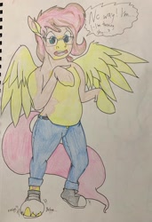 Size: 873x1280 | Tagged: safe, artist:jerryclaymouse, derpibooru import, fluttershy, human, pegasus, pony, chubby, dialogue, glasses, human to pony, solo, species swap, standing, traditional art, transformation