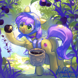 Size: 2048x2048 | Tagged: safe, artist:tingsan, derpibooru import, oc, oc only, oc:plum blossoms, earth pony, pony, basket, bow, countryside, cute, ears, ears up, earth pony oc, farmer, female, green eyes, hair bow, happy, high res, mare, neck bow, plum, purple mane, solo, tree