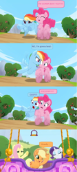 Size: 458x1024 | Tagged: safe, derpibooru import, edit, edited screencap, screencap, applejack, fluttershy, pinkie pie, rainbow dash, rarity, earth pony, pegasus, unicorn, g4, apple, apple tree, comic, cute, dashabetes, dialogue, diapinkes, eep, gasp, horn, howdy, jackabetes, moments before disaster, movie accurate, my little pony: rainbow roadtrip, racing, raribetes, screencap comic, shyabetes, tree, wheel o feet