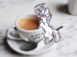 Size: 3477x2562 | Tagged: safe, artist:opalacorn, derpibooru import, oc, oc only, oc:quillian inkheart, pony, unicorn, animated, coffee, coffee cup, cup, espresso, glasses, horn, irl, male, micro, photo, ponies in real life, solo, spoon, stallion, tiny, tiny ponies, vibrating