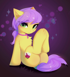 Size: 3126x3426 | Tagged: safe, artist:empress-twilight, derpibooru import, oc, oc only, oc:plum blossoms, earth pony, pony, bow, butt, cheek fluff, chest fluff, commission, ear fluff, ear tufts, ears, earth pony oc, eye clipping through hair, eyebrows, eyebrows visible through hair, female, hair bow, hooves together, legs in air, looking at you, mare, neck bow, plot, smiling, smiling at you, solo, sparkles, tail, underhoof, ych result