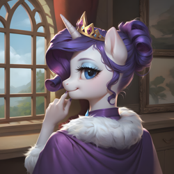 Size: 4096x4096 | Tagged: safe, ai content, derpibooru import, generator:pony diffusion v6 xl, generator:stable diffusion, machine learning generated, princess platinum, rarity, anthro, unicorn, g4, alternate hairstyle, cape, clothes, crown, curtains, day, ear fluff, ears, eyebrows, eyeshadow, female, fur trim, gem, hair bun, hand on chin, horn, indoors, jewelry, looking at you, makeup, mare, mature, nail polish, painting, prompter:thedaren666, regalia, smiling, solo, updo, window, windowsill