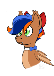 Size: 2480x3508 | Tagged: safe, artist:proffy floyd, derpibooru import, oc, oc only, oc:johan, bat pony, bow, bowtie, bust, fangs, hair bow, male, simple background, smiling, solo, transparent background