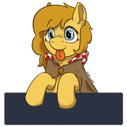 Size: 1920x1920 | Tagged: safe, artist:_butterscotch, derpibooru import, oc, oc only, oc:butterscotch, earth pony, pony, button, cloak, clothes, female, mlem, raspberry, shading, silly, simple background, tongue, tongue out