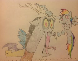 Size: 987x764 | Tagged: safe, derpibooru import, discord, rainbow dash, draconequus, pegasus, pony, g4, best friend, best friends, duo, duo male and female, female, fist, friend, friends, funny, laughing, male, open mouth, scene interpretation, simple background, traditional art, white background, wide eyes