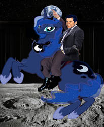 Size: 848x1033 | Tagged: safe, derpibooru import, princess luna, alicorn, human, pony, 1000 hours in ms paint, american presidents, bullet hole, fanfic art, fine art parody, humans riding ponies, irl, irl human, john f. kennedy, moon, napoleon crossing the alps, on the moon, photo, president, riding, riding a pony, space, wat