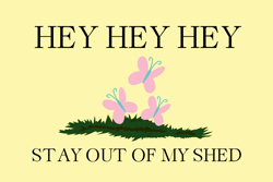 Size: 1280x854 | Tagged: safe, derpibooru import, fluttershy, .mov, cutie mark, flag, gadsden flag, hey hey hey, implied fluttershy, no pony, parody, pony.mov, shed.mov, stay out of my shed