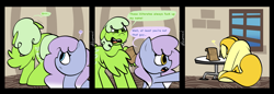 Size: 4029x1378 | Tagged: safe, artist:kharmacal, derpibooru import, oc, oc only, oc:glitter confetti, oc:morale, oc:piso mojado, 3 panel comic, caption, comic, image macro, speech bubble, text