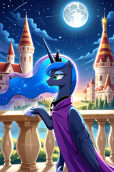 Size: 768x1152 | Tagged: safe, ai content, derpibooru import, machine learning generated, princess luna, alicorn, pony, balcony, castle, cloud, dream, female, jewelry, mare, moon, profile, prompter needed, prompter:the emissary, side view, smiling, solo, stars