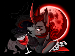 Size: 1600x1200 | Tagged: safe, artist:legendaryshadee, derpibooru import, king sombra, pony, g4, blood moon, glass, moon, scar, solo, wine glass