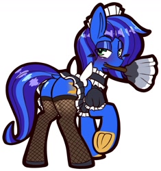 Size: 1280x1359 | Tagged: safe, artist:chiefywiffy, derpibooru import, part of a set, oc, oc only, oc:blue shade, pegasus, bedroom eyes, butt, clothes, colored hooves, commission, crossdressing, duster, fishnet clothing, fishnet stockings, flirting, glowing cutie mark, gradient eyes, hooves, maid, maid headdress, male, plot, skirt, stockings, thigh highs, ych result