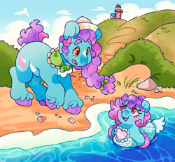 Size: 2048x1900 | Tagged: safe, artist:cocopudu, derpibooru import, salty (g1), earth pony, pony, sea pony, g1, alternate design, alternate eye color, alternate hairstyle, alternate mane color, alternate tail color, alternate tailstyle, baby sea princess, bandana, beach, blaze (coat marking), blue body, blue coat, blushing, braid, braided ponytail, brown pupils, cheek fluff, chest fluff, cloud, cloven hooves, coat markings, colored belly, colored chest fluff, colored eyebrows, colored hooves, colored pupils, colt, day, detailed background, duo, duo male and female, eyebrows, eyebrows visible through hair, eyelashes, facial hair, facial markings, female, filly, foal, gradient mane, gradient tail, hair ribbon, hair tie, hat, hooves, lighthouse, long mane male, looking at each other, looking at someone, male, motion lines, ocean, open mouth, open smile, orange eyes, outdoors, pale belly, pink eyes, pink pupils, ponytail, purple hooves, race swap, raised eyebrow, raised hoof, raised leg, reference in the comments, ribbon, sailor hat, seashell, shiny mane, shiny tail, short tail, signature, smiling, smiling at someone, stallion, standing on three hooves, star (coat marking), swimming, tail, three quarter view, tied mane, toy interpretation, two toned mane, two toned tail, unshorn fetlocks, water