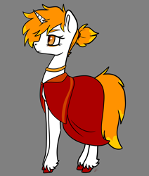 Size: 5500x6500 | Tagged: safe, artist:katyusha, derpibooru import, oc, oc only, oc:summer solstice, unicorn, choker, clothes, colored hooves, dress, female, gray background, hooves, horn, mare, not dyx, orange eyes, ponytail, red hooves, simple background, solo, unshorn fetlocks