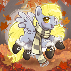 Size: 2400x2400 | Tagged: safe, artist:sparkytopia, derpibooru import, derpy hooves, pegasus, pony, g4, autumn, boots, clothes, female, golden eyes, gray coat, heart, heart eyes, hoof heart, looking at you, mare, missing cutie mark, open mouth, open smile, outdoors, scarf, shoes, signature, smiling, solo, spread wings, wingding eyes, wings, ych example, yellow hair, your character here