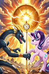 Size: 768x1152 | Tagged: safe, ai content, derpibooru import, machine learning generated, starlight glimmer, oc, alicorn, dragon, pony, g4, alicornified, alternate universe, combat, female, fight, male, male oc, race swap, starlicorn, time travel, xk-class end-of-the-world scenario