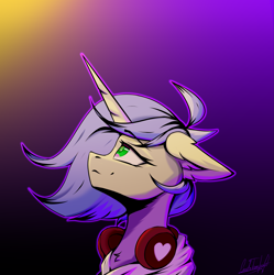 Size: 3231x3249 | Tagged: safe, artist:cmdrtempest, derpibooru import, oc, oc only, oc:melody charmi, pony, unicorn, bust, clothes, cute, female, gradient background, headphones, headset, hoodie, horn, looking up, mare, microphone, solo