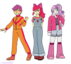 Size: 3075x2778 | Tagged: safe, artist:hayley566, derpibooru import, apple bloom, scootaloo, sweetie belle, equestria girls, g4, 80s, alternate hairstyle, apple bloom's bow, belt, boots, bow, clothes, commission, cutie mark crusaders, eyes closed, fashion, female, grin, hair bow, jacket, kneesocks, leather, leather jacket, leg warmers, older, older apple bloom, older cmc, older scootaloo, older sweetie belle, one eye closed, overalls, pants, ponytail, shirt, shoes, shorts, simple background, smiling, socks, sweatpants, t-shirt, tracksuit, transparent background, trio, wink