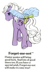 Size: 550x1000 | Tagged: safe, derpibooru import, flutter pony, pegasus, pony, g1, bow, cute, female, forget-me-not, forgetmedorable, g1 backstory, mare, my little pony fact file, official, smiling, solo, tail, tail bow