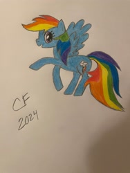 Size: 3024x4032 | Tagged: safe, artist:celestialflare, derpibooru exclusive, derpibooru import, rainbow dash, pegasus, pony, g4, female, looking at you, mare, open mouth, signature, simple background, smiling, solo, traditional art, white background