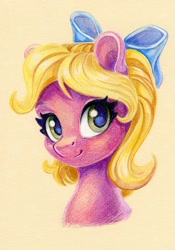 Size: 908x1300 | Tagged: safe, artist:maytee, derpibooru import, shady, earth pony, pony, g1, bow, bust, colored pencil drawing, hair bow, portrait, solo, traditional art