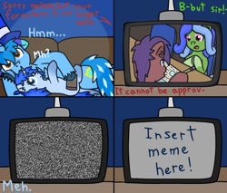 Size: 1080x920 | Tagged: safe, artist:💎blue, derpibooru import, oc, oc only, oc:blue blanket, oc:blueshield, unicorn, clinging, comic, dialogue, female, filly, foal, hat, horn, lying down, male, mare, meme template, paper, pencil, remote, simple background, sofa, stallion, static, television, top hat