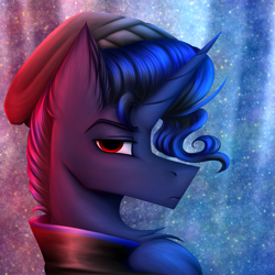 Size: 2431x2431 | Tagged: safe, artist:darklight1315, derpibooru import, oc, oc only, oc:dayline, pony, unicorn, beanie, chest fluff, clothes, ear fluff, ears, hat, horn, jacket, male, parent:oc:decline, parent:oc:mayday, red eyes, solo, space, stallion, stars