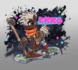 Size: 1483x1345 | Tagged: safe, artist:rotten_hyena, derpibooru import, earth pony, pony, arcane, armor, boots, clothes, coat markings, dreadlocks, ekko, gloves, hoverboard, league of legends, male, ponified, scarf, shoes, shorts, solo, species swap, staff, stallion