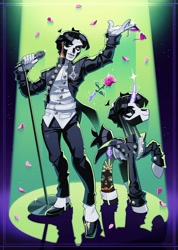 Size: 854x1200 | Tagged: safe, artist:rotten_hyena, derpibooru import, human, pony, unicorn, clothes, coat markings, face paint, flower, ghost (band), gloves, horn, human ponidox, male, microphone, pants, papa emeritus iii, ponified, rose, self paradox, self ponidox, shirt, shoes, solo, species swap, stallion, suit, tattoo