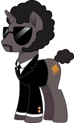 Size: 617x1024 | Tagged: safe, derpibooru import, unicorn, g4, my little pony: the movie, bodyguard, clothes, headphones, headset, horn, jules winnfield, microphone, pulp fiction, suit, sunglasses, whinnyfield