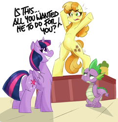 Size: 3500x3617 | Tagged: safe, artist:flutterthrash, derpibooru import, spike, twilight sparkle, twilight sparkle (alicorn), alicorn, dragon, earth pony, pony, g4, bipedal, blushing, butt, commission, dancing, dialogue, emanata, female, grin, high res, mare, simple background, smiling, spike is not amused, teddie safari, trio, twibutt, unamused, white background, winged spike, wings