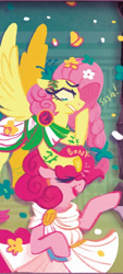 Size: 558x1240 | Tagged: safe, artist:justasuta, derpibooru import, idw, fluttershy, pinkie pie, earth pony, pegasus, pony, spoiler:comic, bonk, clothes, cropped, flower, flower in hair, goddess, greek, greek clothes, greek mythology, my little pony classics reimagined: the odyssey, persephone, shhh, spread wings, wings