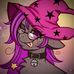 Size: 1000x1000 | Tagged: safe, artist:namelessplaza, derpibooru import, oc, oc only, blushing, bust, choker, commission, glasses, hat, magic, portrait, solo, stars, tongue, tongue out