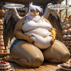 Size: 1024x1024 | Tagged: safe, ai content, derpibooru exclusive, derpibooru import, generator:stable diffusion, machine learning generated, gilda, anthro, griffon, g4, bakery, belly, belly button, big belly, breasts, cake, clothes, denial, denim, denim shorts, fat, food, gil-zongas, gildough, indoors, monologue, obese, prompter:professordoctorc, shorts, talking, tanktop, thighs, thunder thighs, weight gain