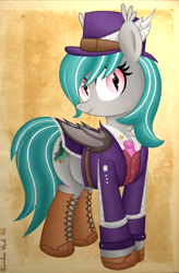 Size: 2560x3911 | Tagged: safe, artist:rainbowšpekgs, derpibooru import, oc, oc only, oc:malachite cluster, bat pony, pony, g4, bat pony oc, bat wings, boots, clothes, hat, male, necktie, shoes, smiling, solo, stallion, suit, top hat, wings