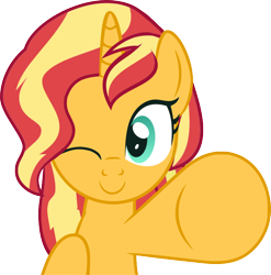 Size: 662x671 | Tagged: safe, artist:wiiyeswiiuno, derpibooru import, sunset shimmer, pony, unicorn, g4, female, fourth wall, horn, looking at you, one eye closed, show accurate, simple background, smiling, transparent background, wink