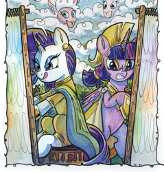 Size: 1988x2083 | Tagged: safe, artist:natalie haines, derpibooru import, idw, rarity, twilight sparkle, twilight sparkle (alicorn), alicorn, pony, sheep, unicorn, spoiler:comic, angry, arachne, athena, bipedal, bow, clothes, competition, cropped, duo, duo female, ear piercing, earring, female, folded wings, goddess, greek, greek clothes, greek mythology, hair bow, helmet, hoof shoes, horn, horn ring, imminent transformation, jewelry, mare, moments before disaster, my little pony classics reimagined: the odyssey, piercing, ring, sitting, smug, smugity, this will end in tears, this will end in transformation, this will not end well, tongue, tongue out, wings