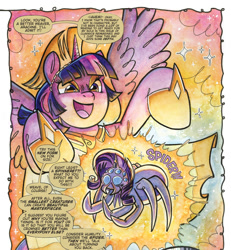 Size: 1988x2152 | Tagged: safe, artist:natalie haines, derpibooru import, idw, rarity, twilight sparkle, twilight sparkle (alicorn), alicorn, pony, spider, spoiler:comic, arachne, athena, breaking the fourth wall, clothes, cropped, evil smile, female, goddess, greek, greek clothes, greek mythology, helmet, hoof shoes, horn, mare, my little pony classics reimagined: the odyssey, onomatopoeia, punishment, rarirachnid, smiling, species swap, spread wings, transformation, wings