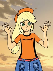 Size: 810x1080 | Tagged: safe, artist:captainelsa, derpibooru import, applejack, equestria girls, g4, clothes, denim, female, formula 1, hat, jeans, mclaren, pants, shirt, solo