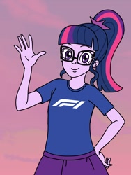 Size: 810x1080 | Tagged: safe, artist:captainelsa, derpibooru import, sci-twi, twilight sparkle, human, equestria girls, g4, clothes, formula 1, glasses, ponytail, shirt, solo, t-shirt