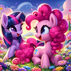 Size: 1024x1024 | Tagged: safe, ai content, derpibooru import, machine learning generated, pinkie pie, twilight sparkle, twilight sparkle (alicorn), alicorn, earth pony, pony, g4, cute, diapinkes, female, flower, heartwarming, lesbian, nature, outdoors, prompter:bluey2309, shipping, twiabetes, twinkie