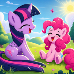 Size: 1024x1024 | Tagged: safe, ai content, derpibooru import, machine learning generated, pinkie pie, twilight sparkle, twilight sparkle (alicorn), alicorn, butterfly, earth pony, pony, cute, diapinkes, eyes closed, female, happy, laughing, nature, outdoors, prompter:bluey2309, sitting, sun, twiabetes