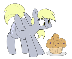 Size: 2852x2337 | Tagged: safe, artist:pabbley, artist:polofastter, color edit, derpibooru import, edit, derpy hooves, pegasus, pony, g4, blueberry muffin (food), chubby, colored, crumbs, eating, food, muffin, plate, simple background, solo, standing, transparent background