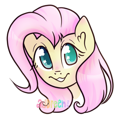 Size: 2100x2100 | Tagged: safe, artist:audreen, derpibooru import, fluttershy, pony, bust, colored pupils, simple background, solo, watermark, white background