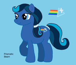 Size: 969x824 | Tagged: safe, artist:captainelsa, derpibooru import, oc, oc only, oc:prismatic beam, earth pony, pony, blue background, character name, cutie mark, earth pony oc, eyelashes, female, looking forward, mare, quadrupedal, raised hoof, raised leg, reference sheet, simple background, smiling, solo, standing